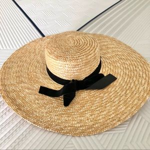 Mango Wide Straw Boater Hat w/ Velvet Chin Strap